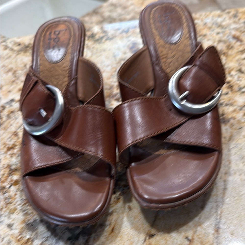 b.o.c. Brown Leather Mules with Crisscross Straps